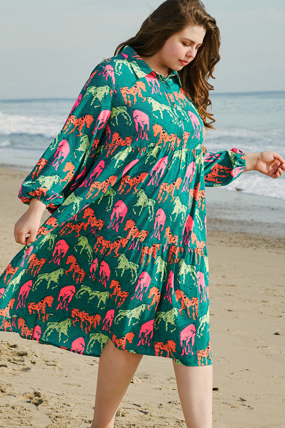 Green Horse Printed Long Sleeve Collared Buttoned Plus Size Midi Dress