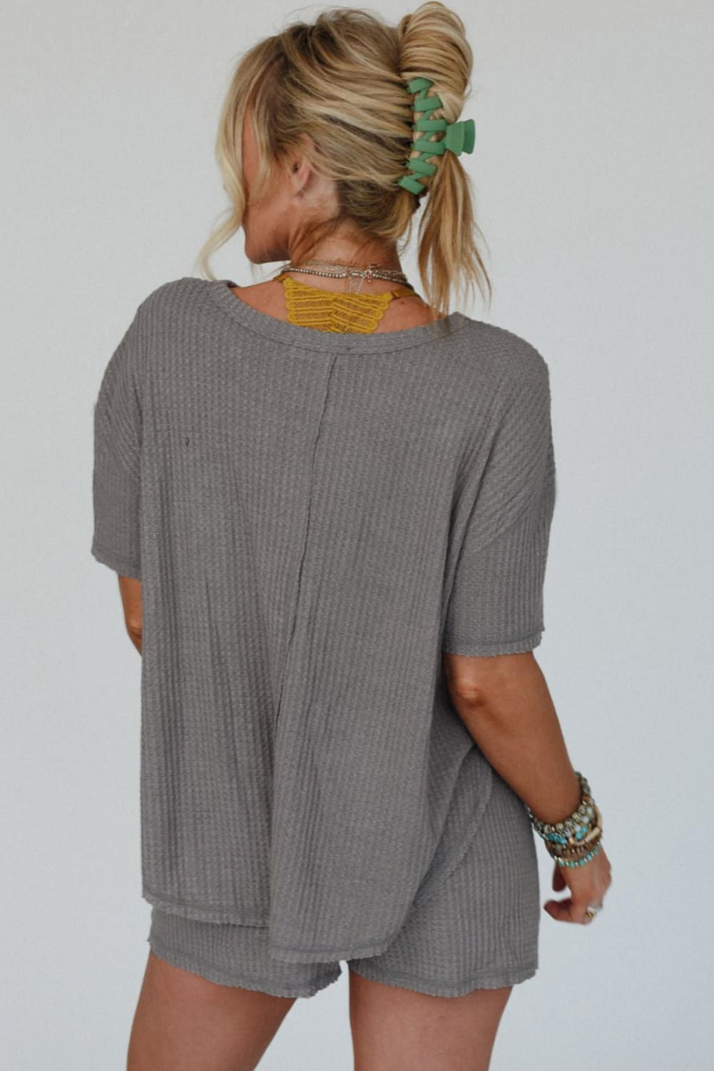 Gray Solid Color Waffle Knit T Shirt and Shorts Set