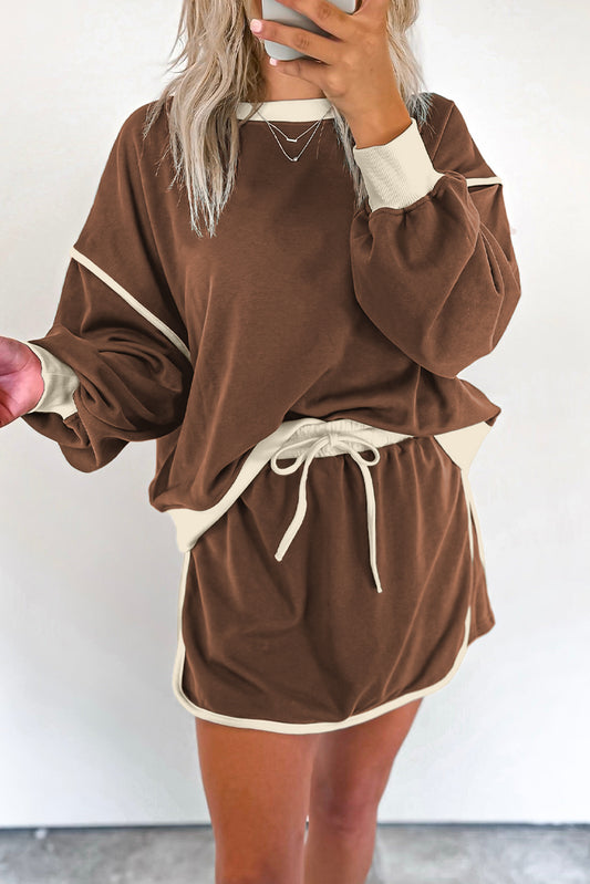 Coffee Color Contrast Loose Pullover and Lace-up Waist Skort Set