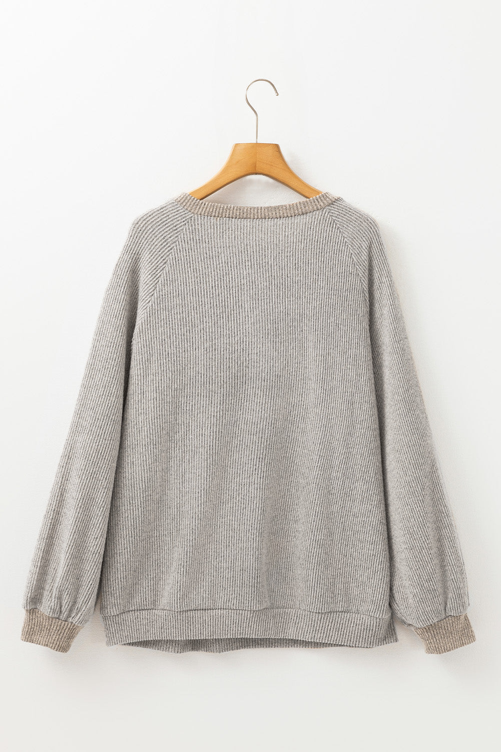 Light Grey Color Contrast Ribbed Loose Fit Long Sleeve Top