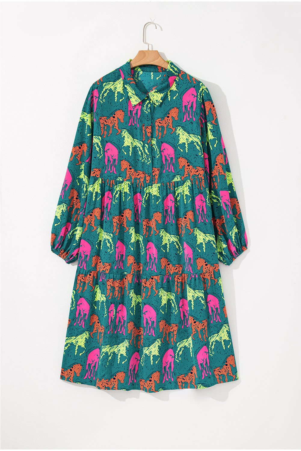 Green Horse Printed Long Sleeve Collared Buttoned Plus Size Midi Dress