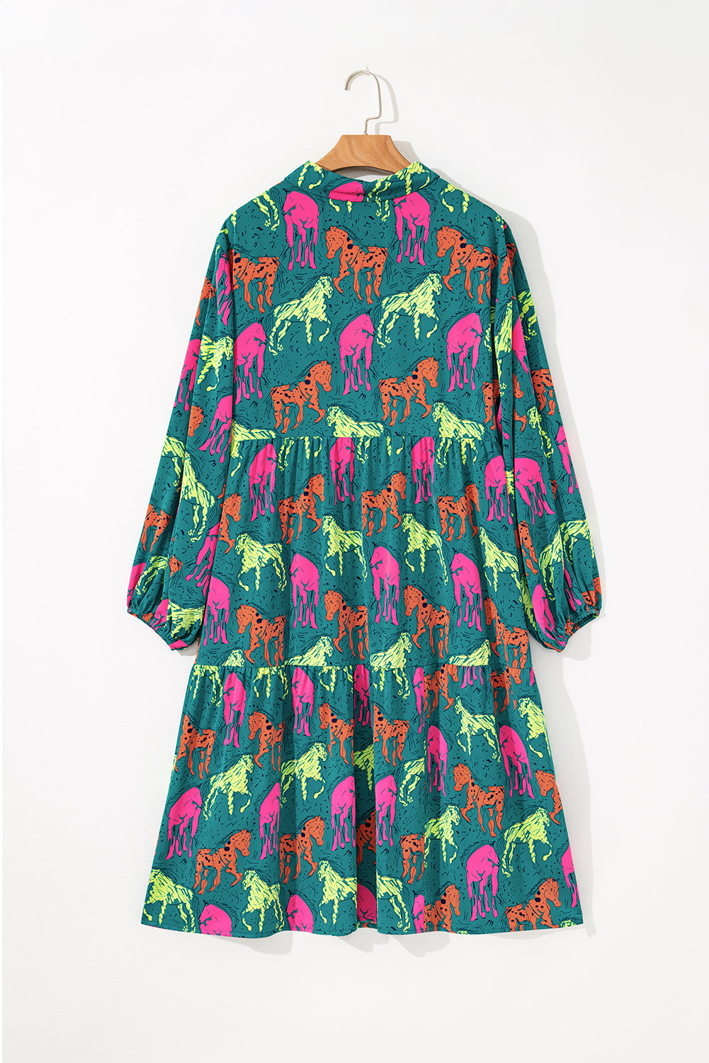 Green Horse Printed Long Sleeve Collared Buttoned Plus Size Midi Dress